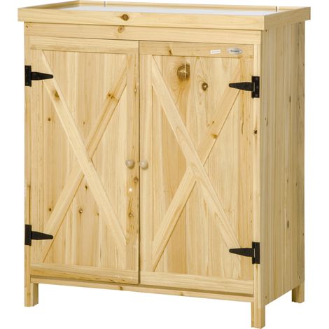Gartenschrank Aus Massivholz, Verzinkte Metallplatte, 80 X 45 X 92 Cm, Natur