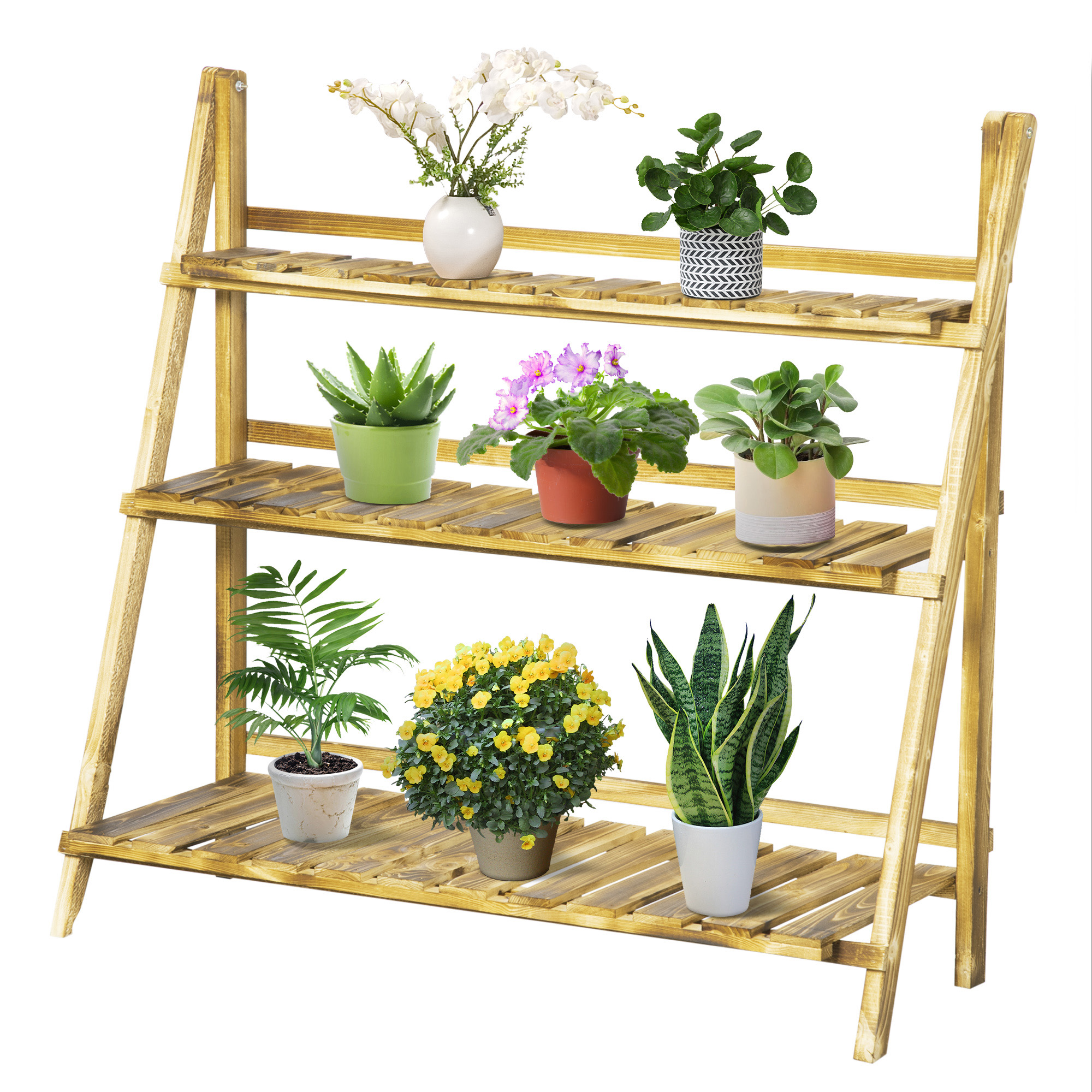 Dreistöckiger, Klappbarer Pflanzenständer Aus Tannenholz, Gartenregal Für Pflanzen Und Blumen, 100 X 37 X 93 Cm