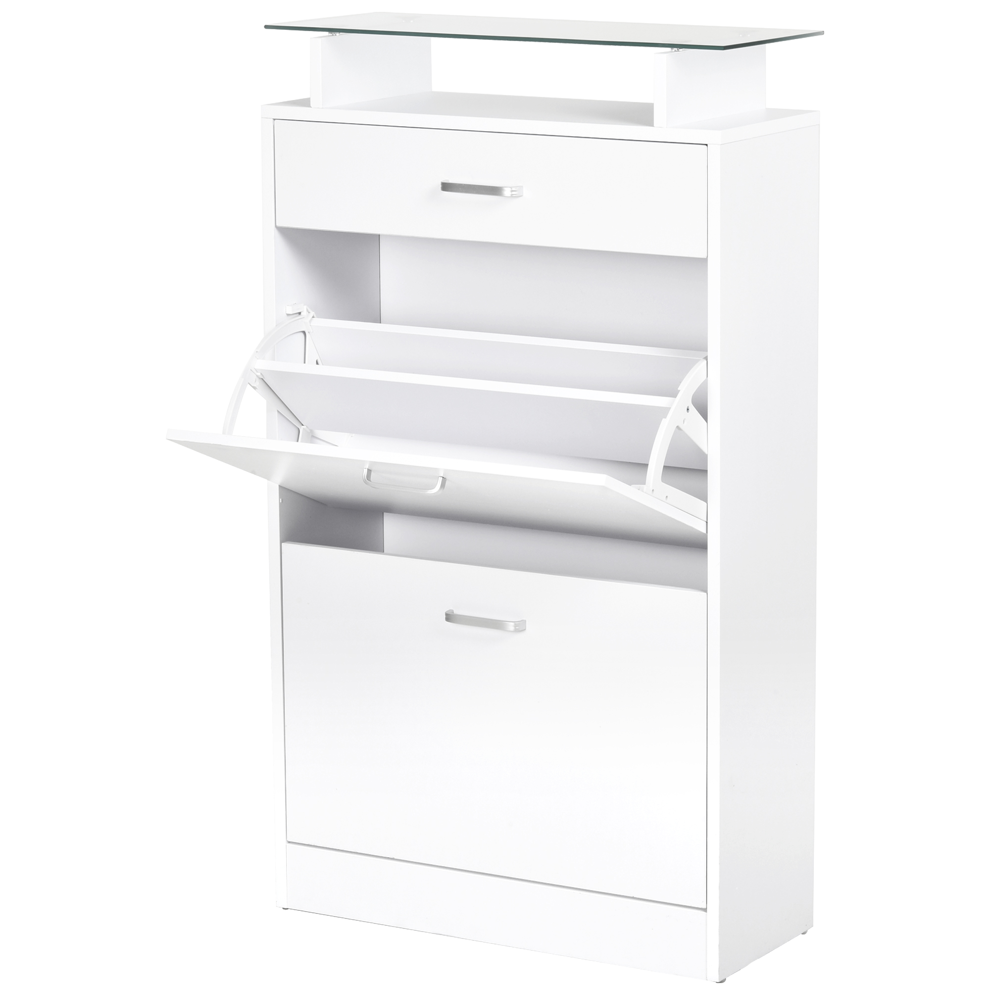 Homcom Schuhschrank Mit 2 Klapptüren, 2 Fächern, Schublade, Glasplatte, Eichenholz