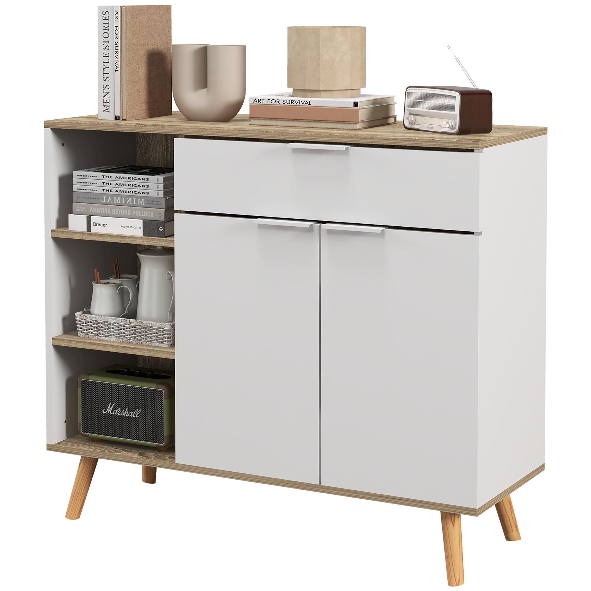 Multifunktionaler, Platzsparender Schrank Mit 3 Offenen Regalböden, Schublade Und Schranktür, Spanplatte, 95 X 35 X 85 Cm