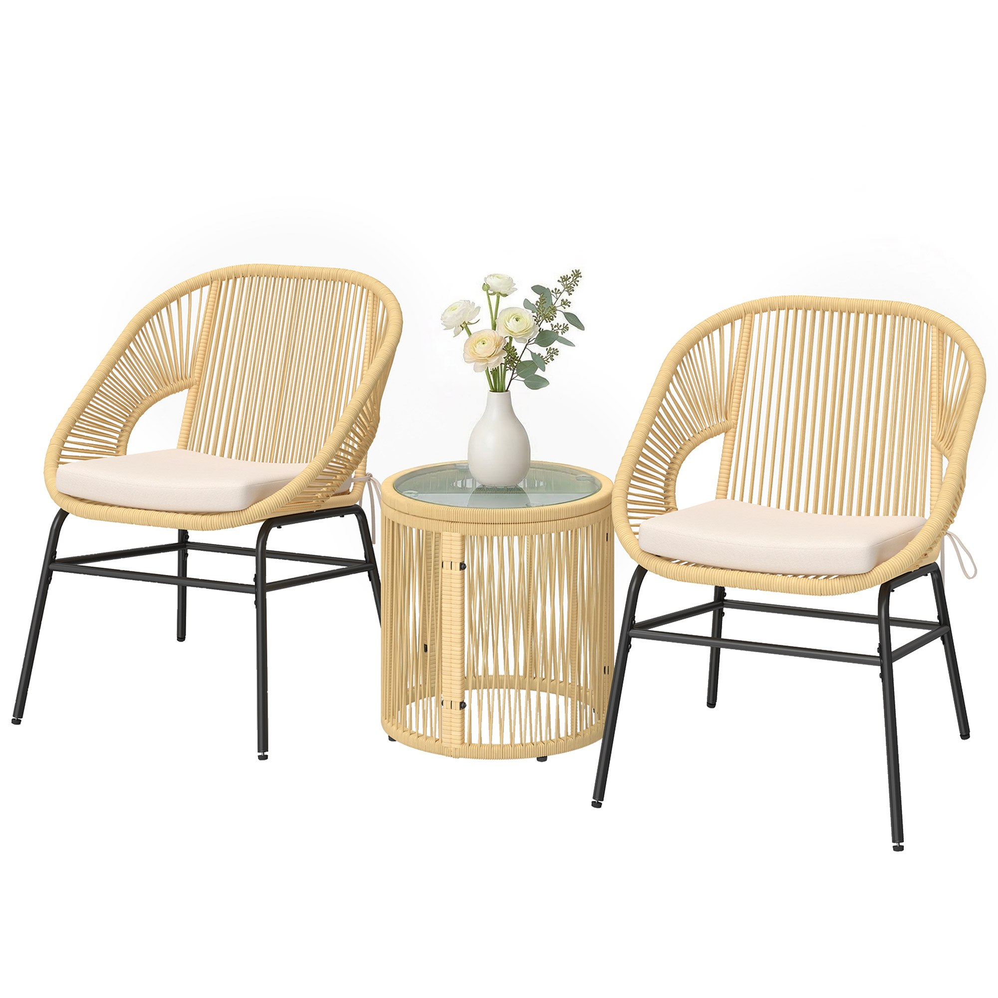 3-teilige Balkongarnitur, 2 Gepolsterte Sessel Mit Tischplatte Aus Gehärtetem Glas, Abnehmbare Beige Kissen