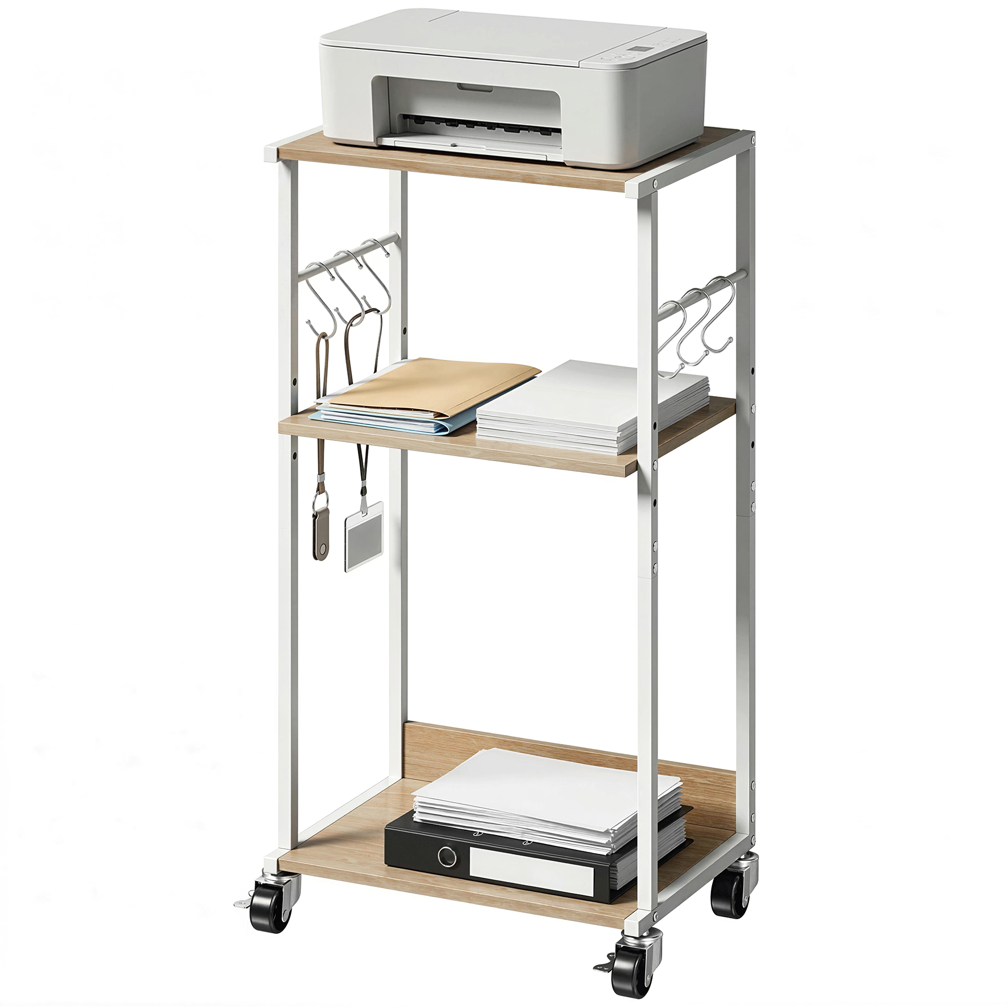 3-stufiger Druckerständer Mit Rollen Und Haken, Moderne Tischplatte, Natur