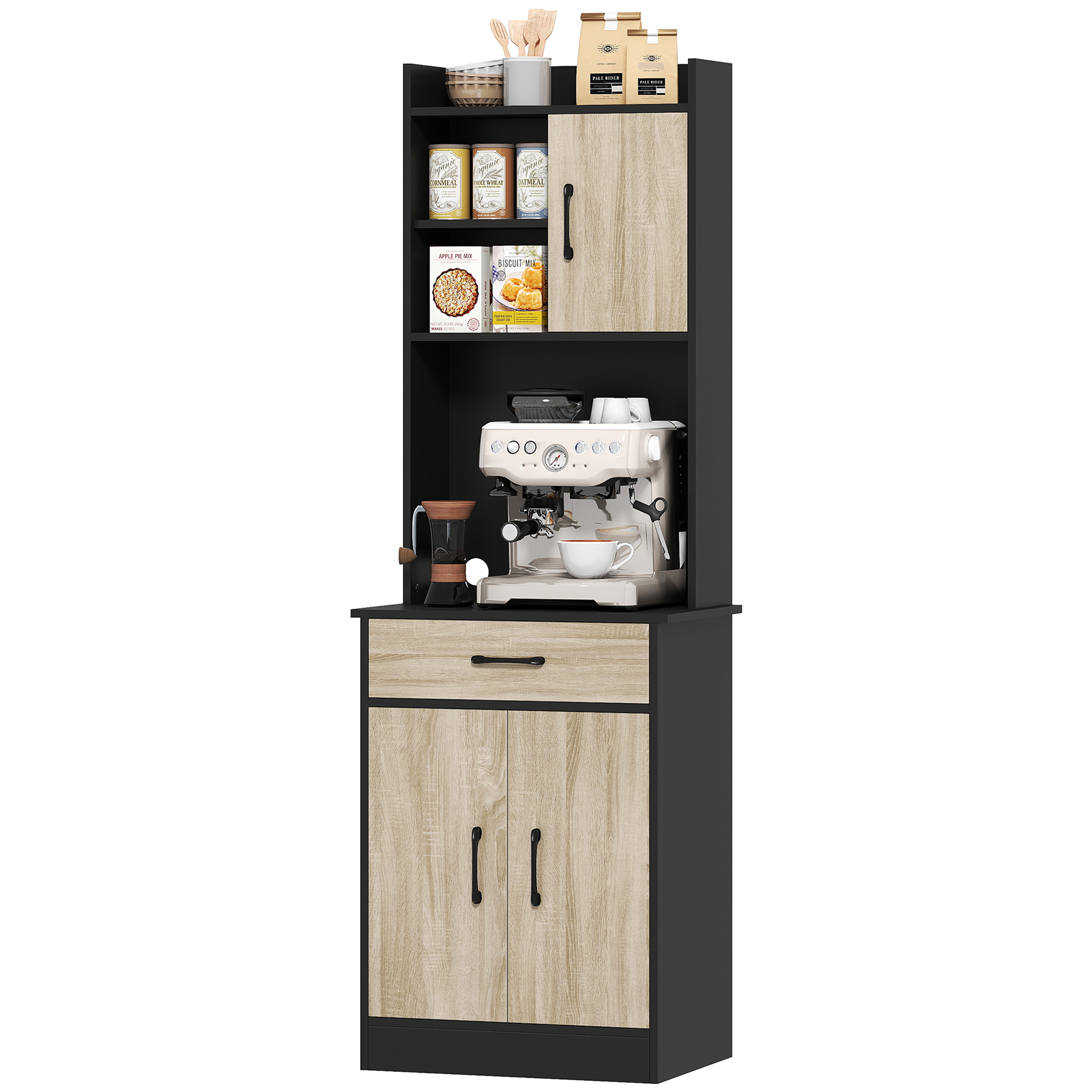 Hohes Küchen-sideboard Mit Schubladen, 3 Türen, Offenen Regalen Und Arbeitsplatte, 60 X 40 X 180 Cm, Naturholz