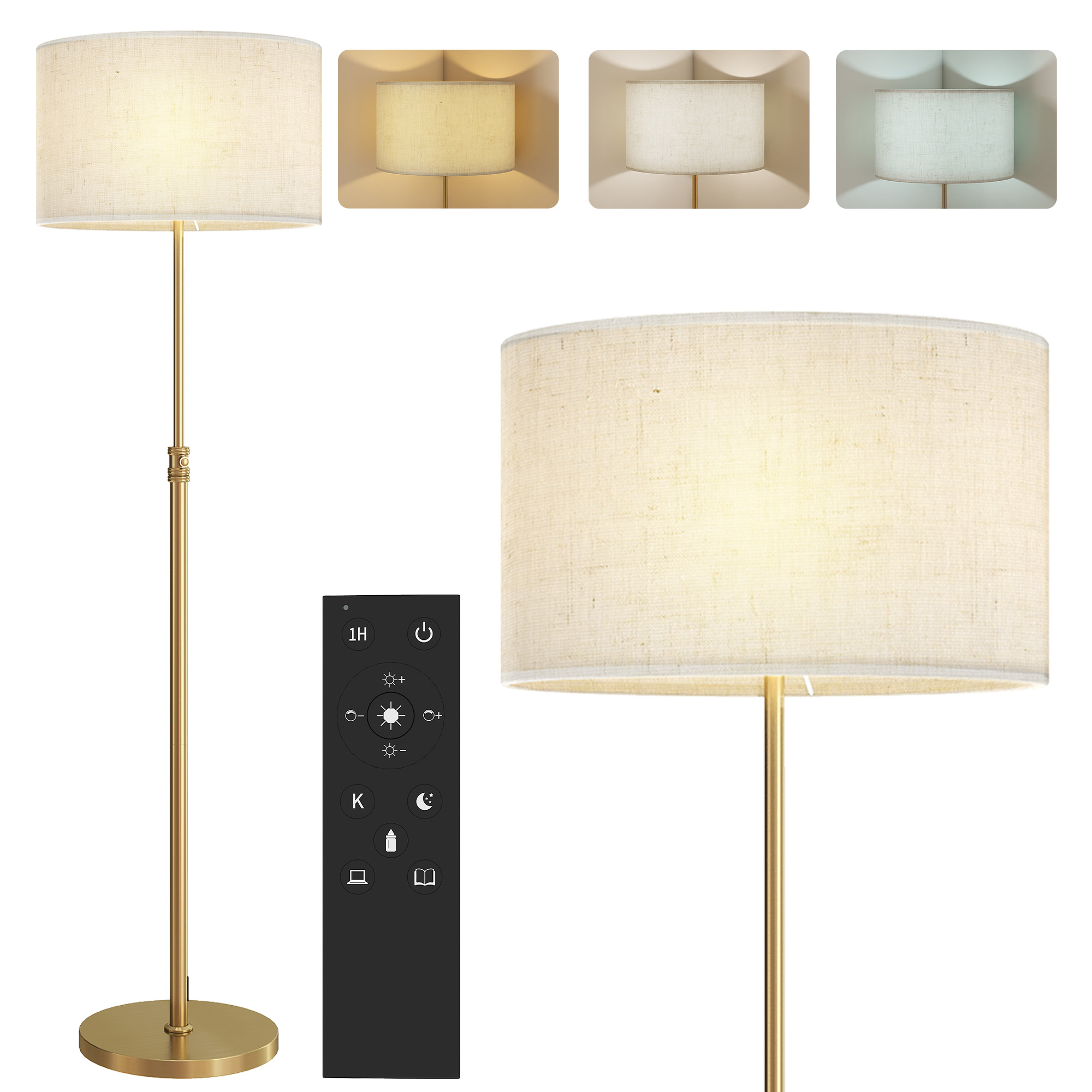 Wohnzimmer-stehlampe, Dimmbar Mit Fernbedienung, Lampenschirm Aus Leinen, Höhenverstellbar Von 133 Bis 168 Cm, Goldfarben