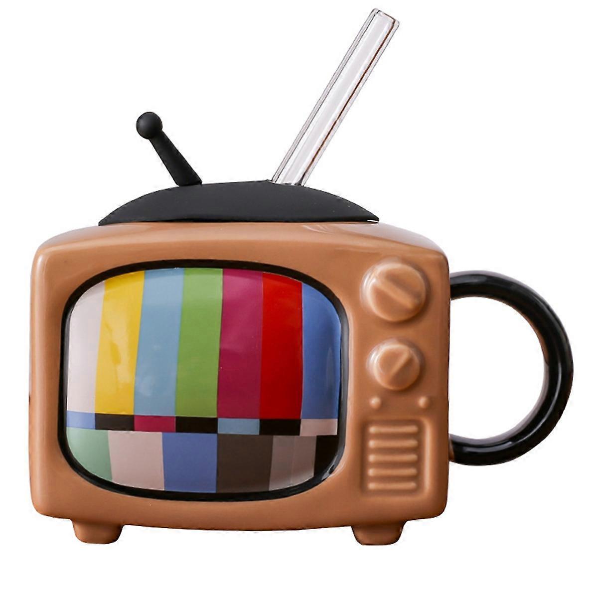 Set Quadratischer Keramik-kaffeetassen Mit Strohhalm – Retro-tv – Schokolade