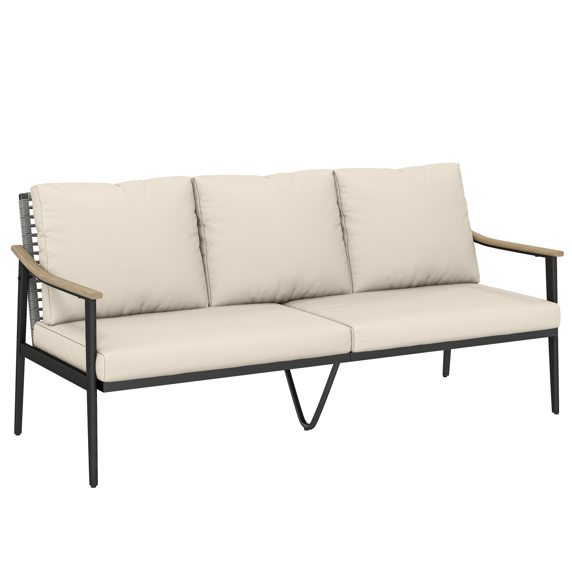 Dreisitziges Outdoor-rattansofa Mit Armlehnen Und Rückenlehne In Holzoptik, Für Veranda, Innenhof, Khaki