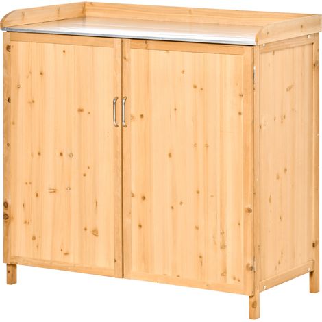 Outsunny 2-in-1 Freistehender Gartenschrank – Pflanztisch Mit Doppeltür, Ablage, Verzinkte Stahlplatte – Pflanztisch Aus Vorgeöltem Zedernholz