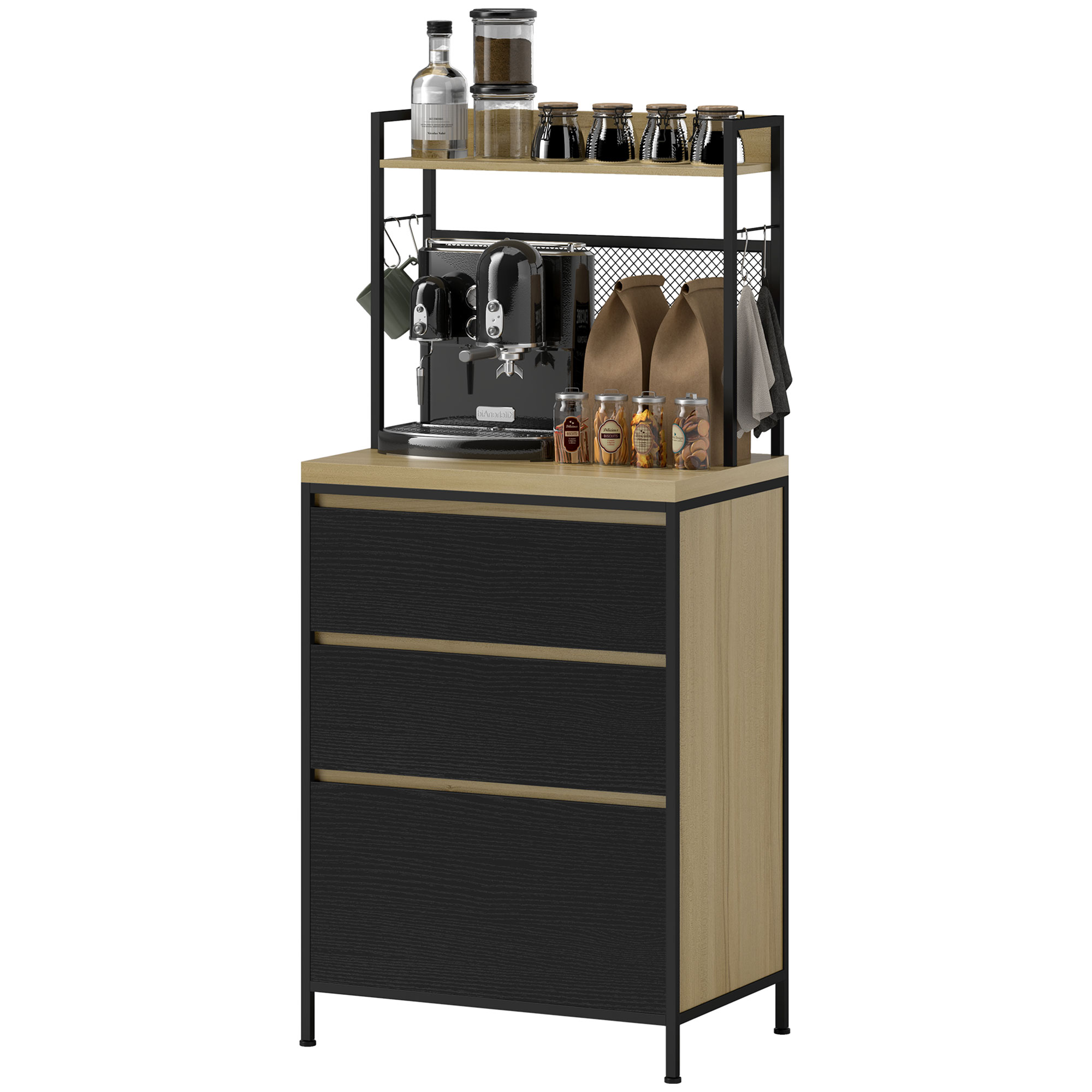 Industrieller Küchenschrank Mit 3 Schubladen, Arbeitsplatte, Ablage, 4 Haken, 60 X 40 X 132 Cm