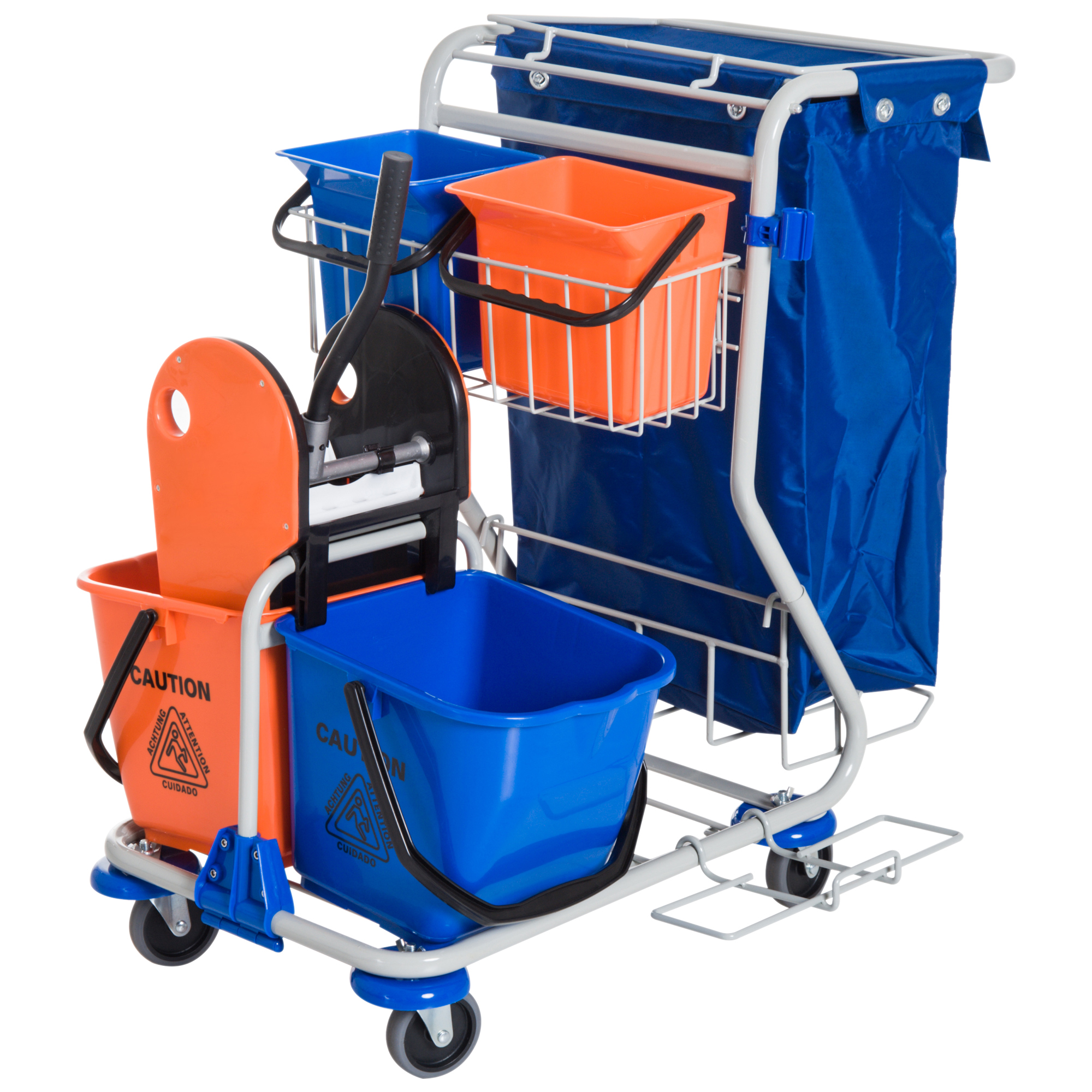 Professioneller Reinigungswagen Mit Müllbeutel, 2 X 18-liter-wascheimern, 2 X 6-liter-aufbewahrungseimern, Wischmopp-auswringer, Haken Und Rollen Für Den Hotelgebrauch, 93 X 80 X 97 Cm, Orange