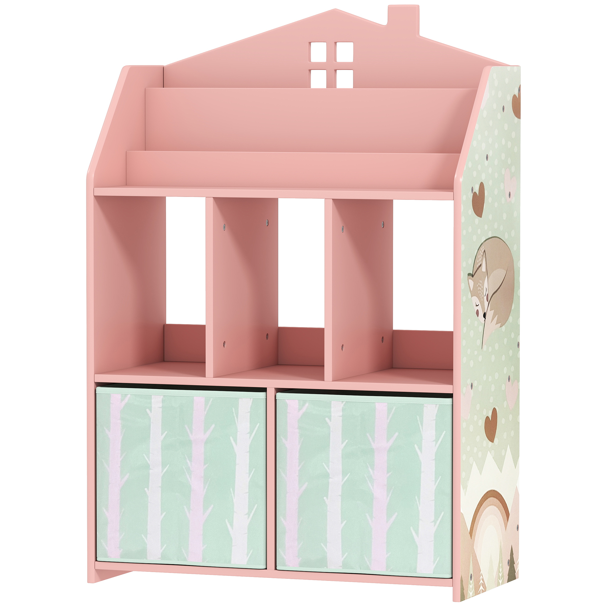 Kinderaufbewahrungseinheit Mit Bücherregal, Offenen Regalen Und 2 Stoffschubladen, Rosa Mdf