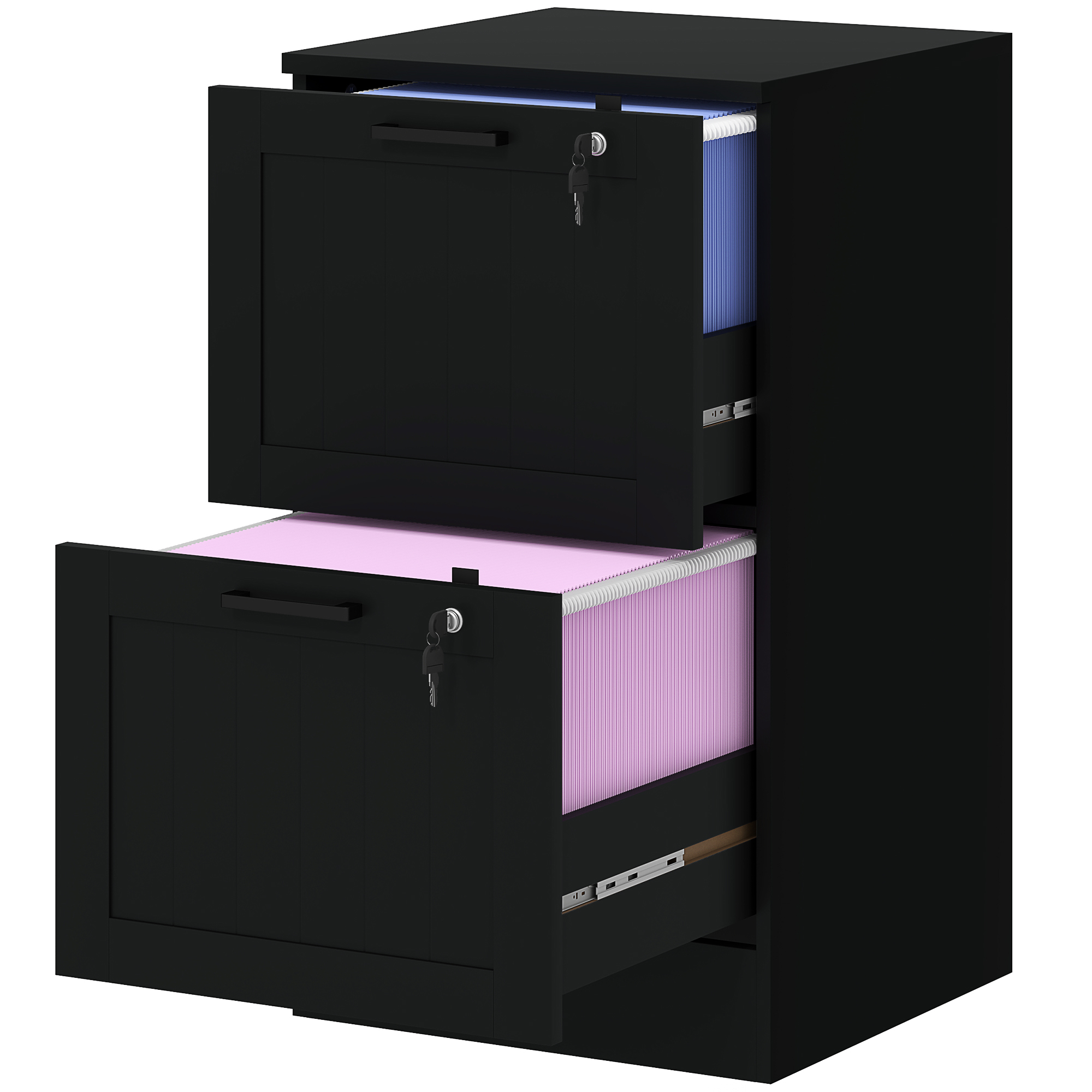 Schwarzer Büroschrank (40 X 40 X 71 Cm), Holzschrank Mit 2 Schubladen Und Schloss, Verstellbare Kleiderstangen