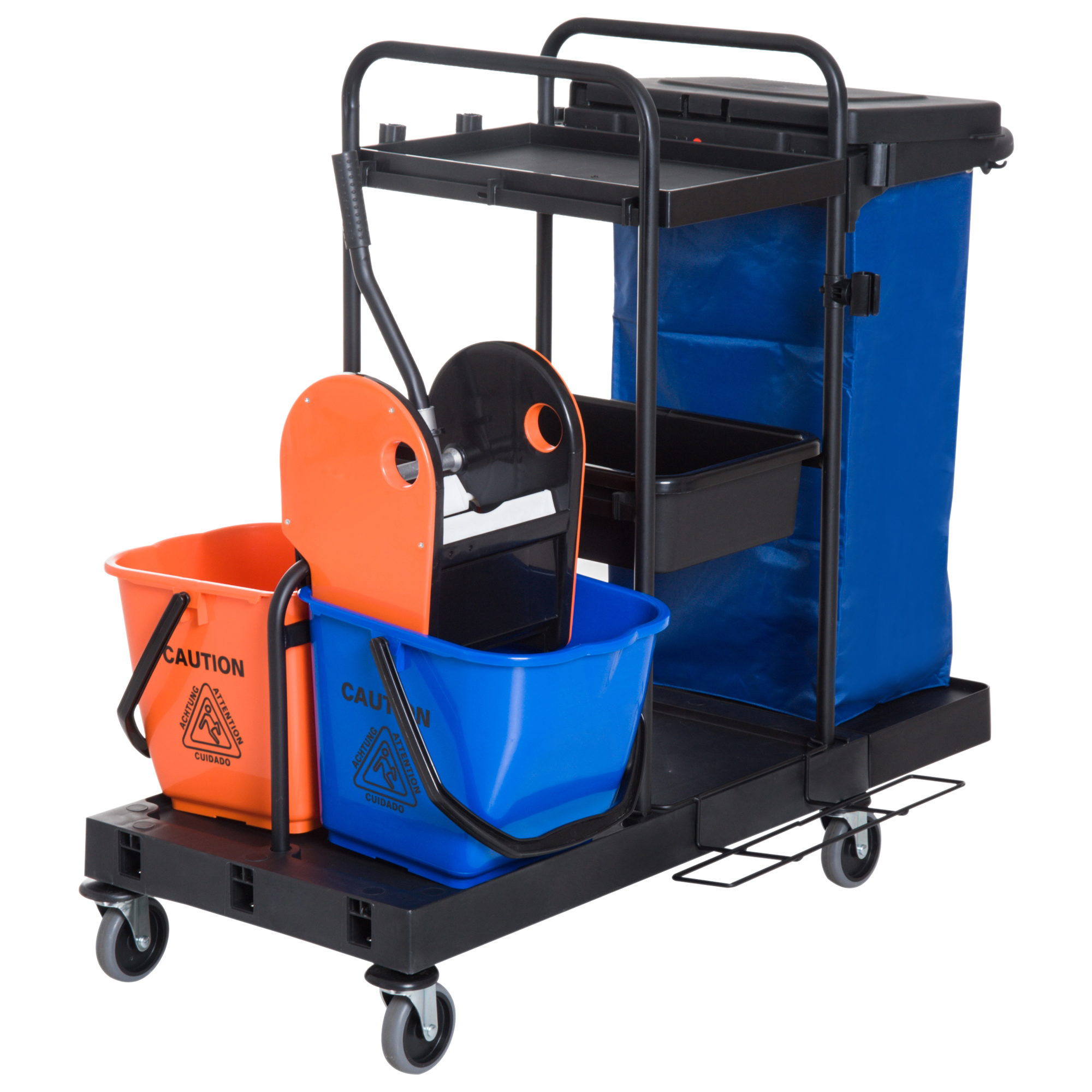 Professioneller 3-stöckiger Reinigungswagen Mit Müllbeutel, Besenhaken, Wischmoppeimer Mit Auswringer, 5 Rädern, Für Hotels, 111 X 63,3 X 103 Cm, Schwarz