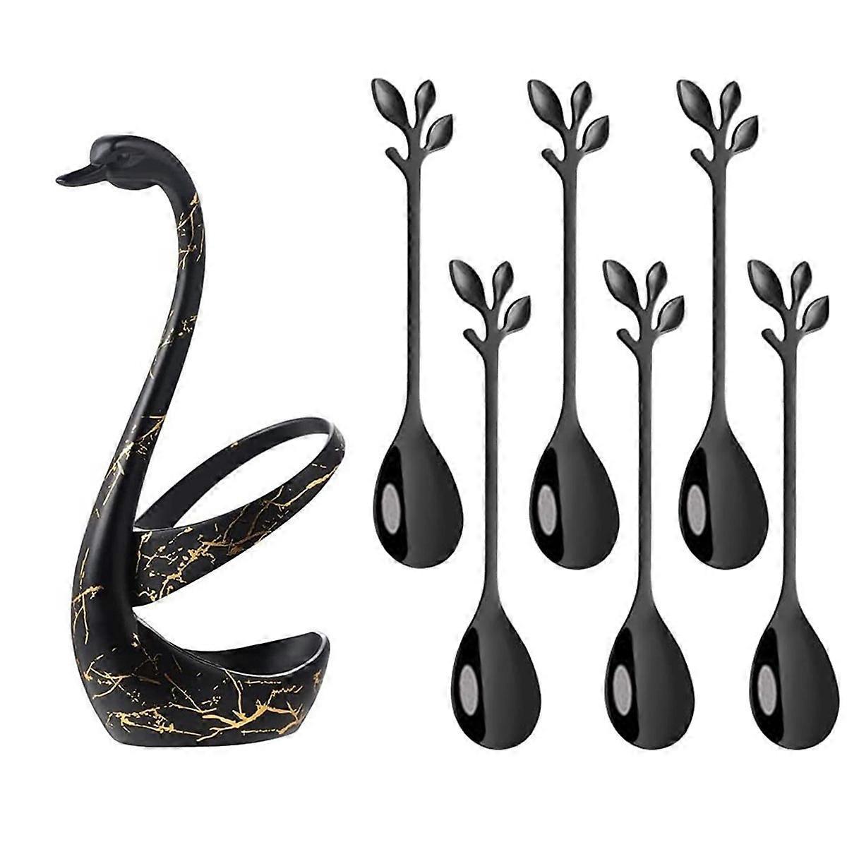 Schwarzer Schwanen-untergestell Mit 6 Teelöffeln (12 Cm) Und Stiellöffeln (schwarz)