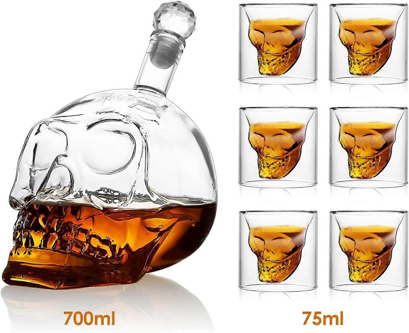 Totenkopfförmige Glasflasche, 700-ml-flasche Mit 6 X 75-ml-totenkopfgläsern, Totenkopfförmige Whisky-/wodkaflasche
