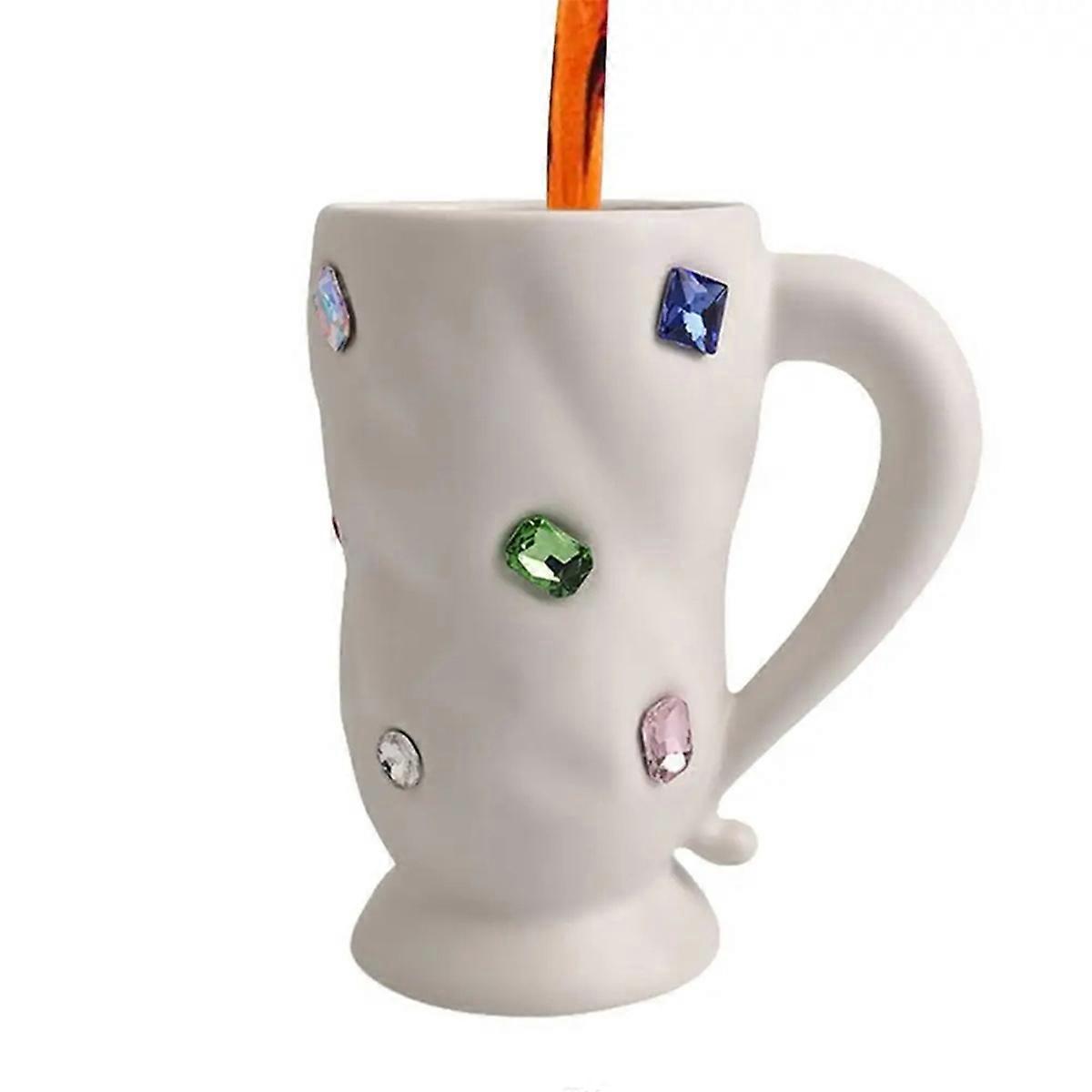 Kristallkaffeetasse Aus Weißer Keramik, Verziert Mit Farbigen Edelsteinen.