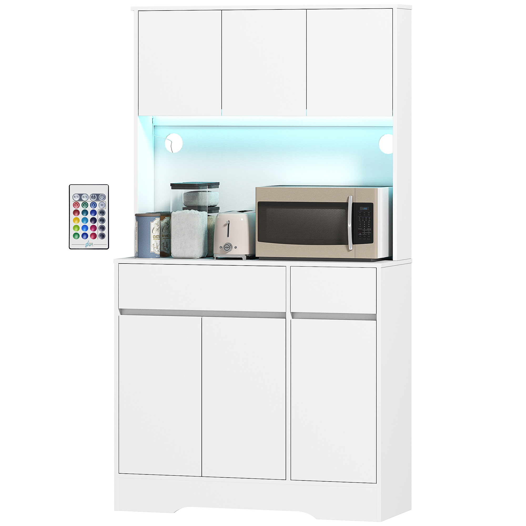Hohes Küchen-sideboard Mit Rgb-led-beleuchtung, Arbeitsplatte, 6 Türen, 2 Schubladen, Weiß