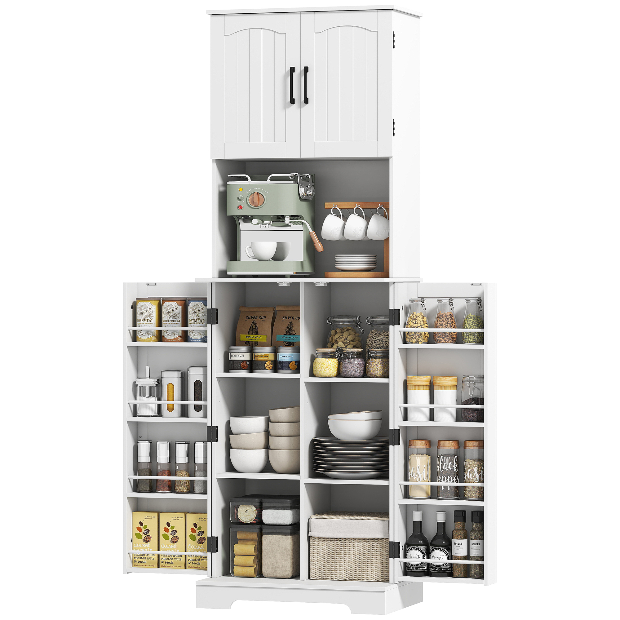 Hohes Küchen-sideboard Mit 4 Türen, Arbeitsplatte, 8 Gewürzregalen, Verstellbaren Einlegeböden, 60 X 40 X 181,5 Cm, Weiß