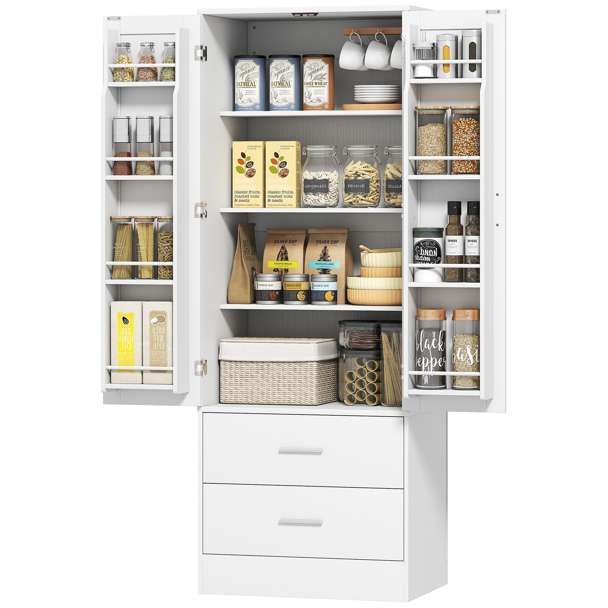 Hohes Küchen-sideboard Mit 2 Türen, 8 Gewürzregalen, 2 Schubladen, Verstellbaren Einlegeböden, 60 X 40 X 159 Cm, Weiß