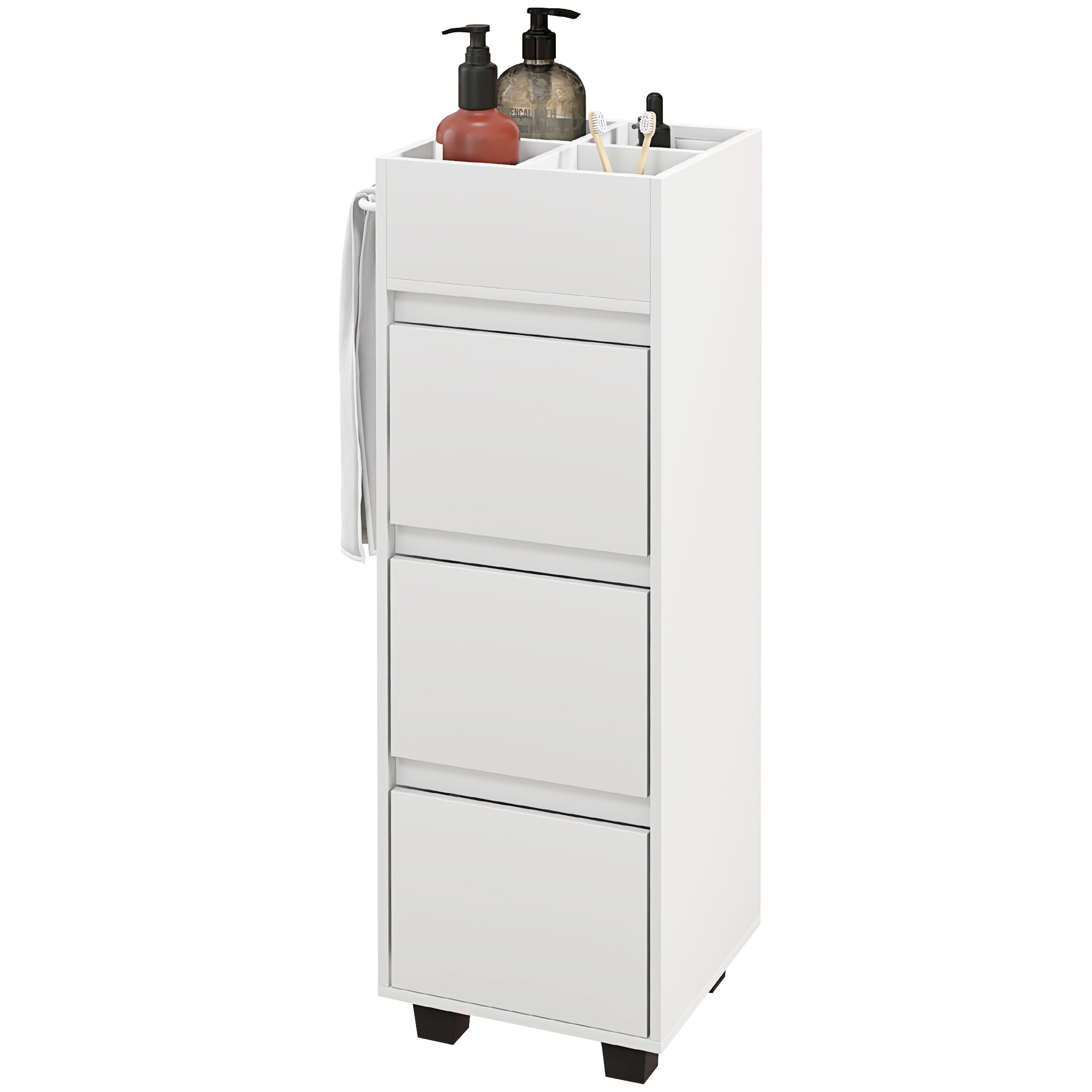 Badezimmerschrank Mit 4 Fächern, 3 Schubladen Und Handtuchhalter, 35 X 30 X 90 Cm, Weiß