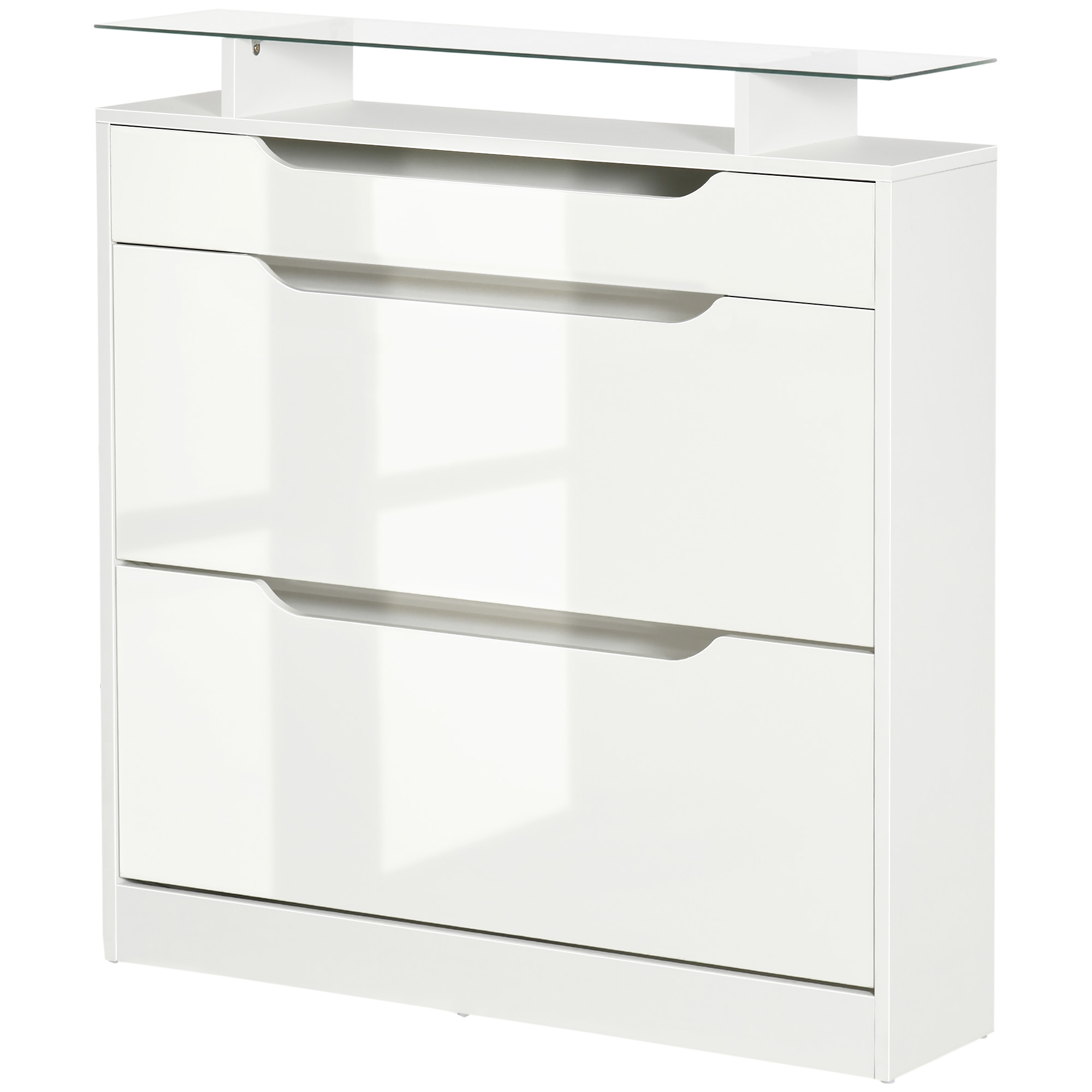Homcom Schuhschrank Mit 2 Klappschubladen, 1 Auszugsschublade, Glasplatte, 2-stufigem Verstellbarem Einlegeboden, 89 X 23 X 96 Cm, Weiß