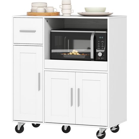 Weißer, Rollbarer Mikrowellenschrank 80x40x88,7cm, Mit Ausziehbarer Schubladenplatte Und 3 Schranktüren