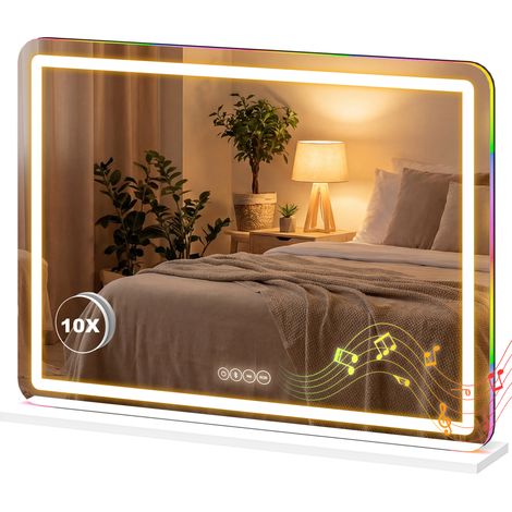 80 X 60 Cm Großer, Beleuchteter Kosmetikspiegel, Dimmbarer Led-ankleidespiegel, Rgb-beleuchtung, 3 Farbtemperaturen, Weiß
