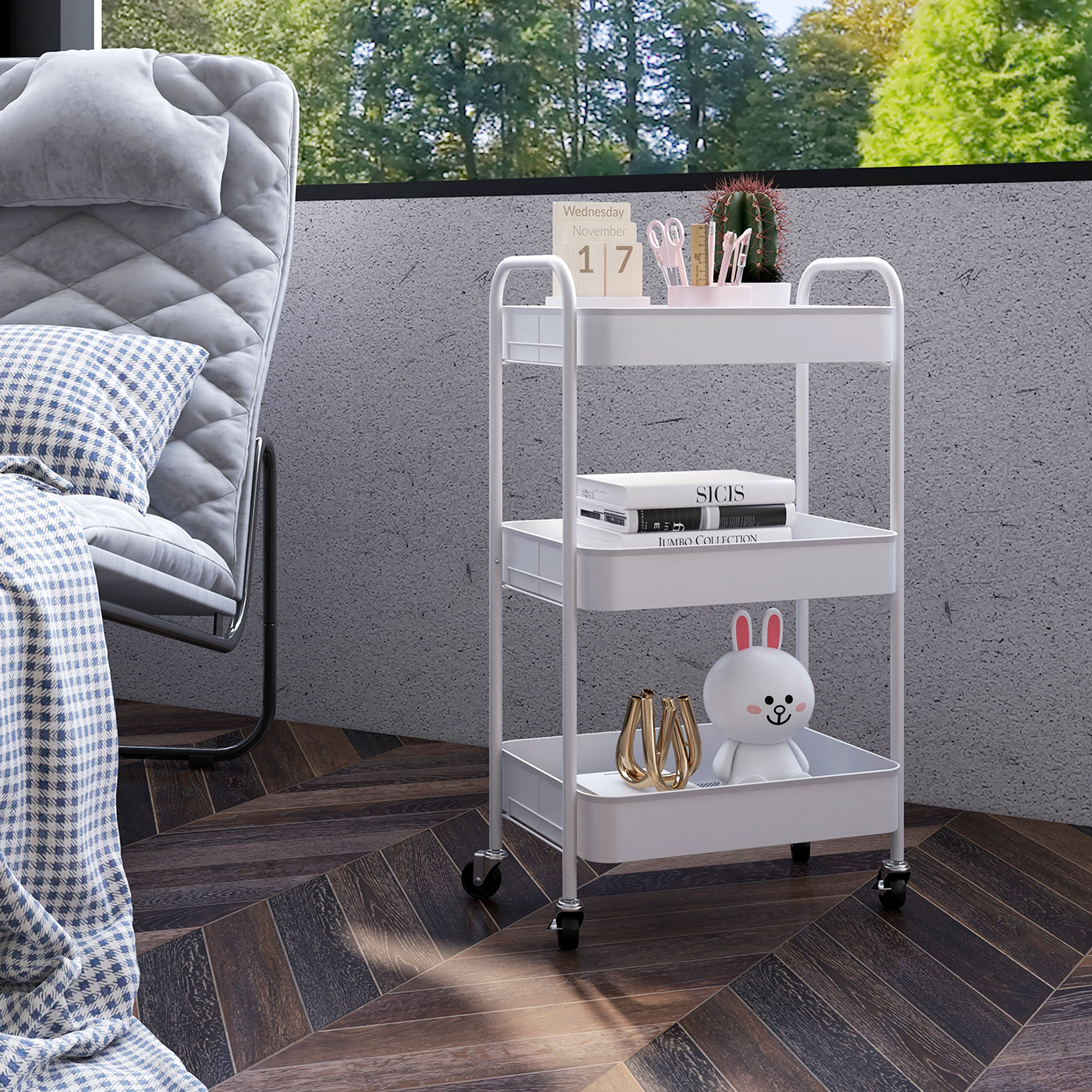 Dreistöckiger Küchenwagen Mit Griffen Und 4 Rollen, Stahl, 45 X 30,6 X 79 Cm, Weiß