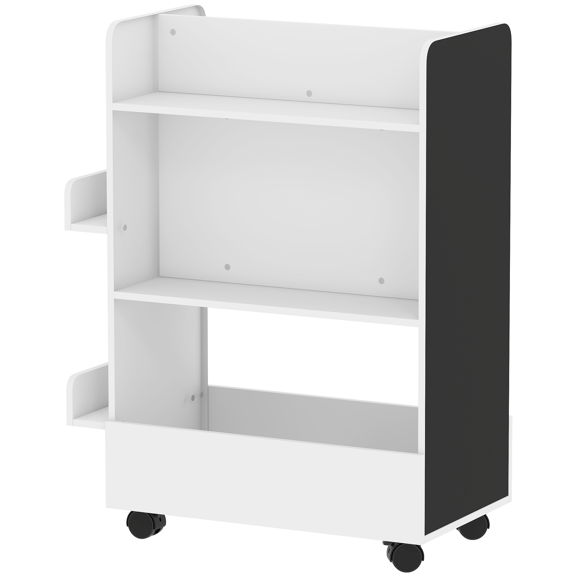 Doppelseitiges Kinderbücherregal (3-8 Jahre), Spielzeugregal Mit Rollen Und Tafel, Weiß