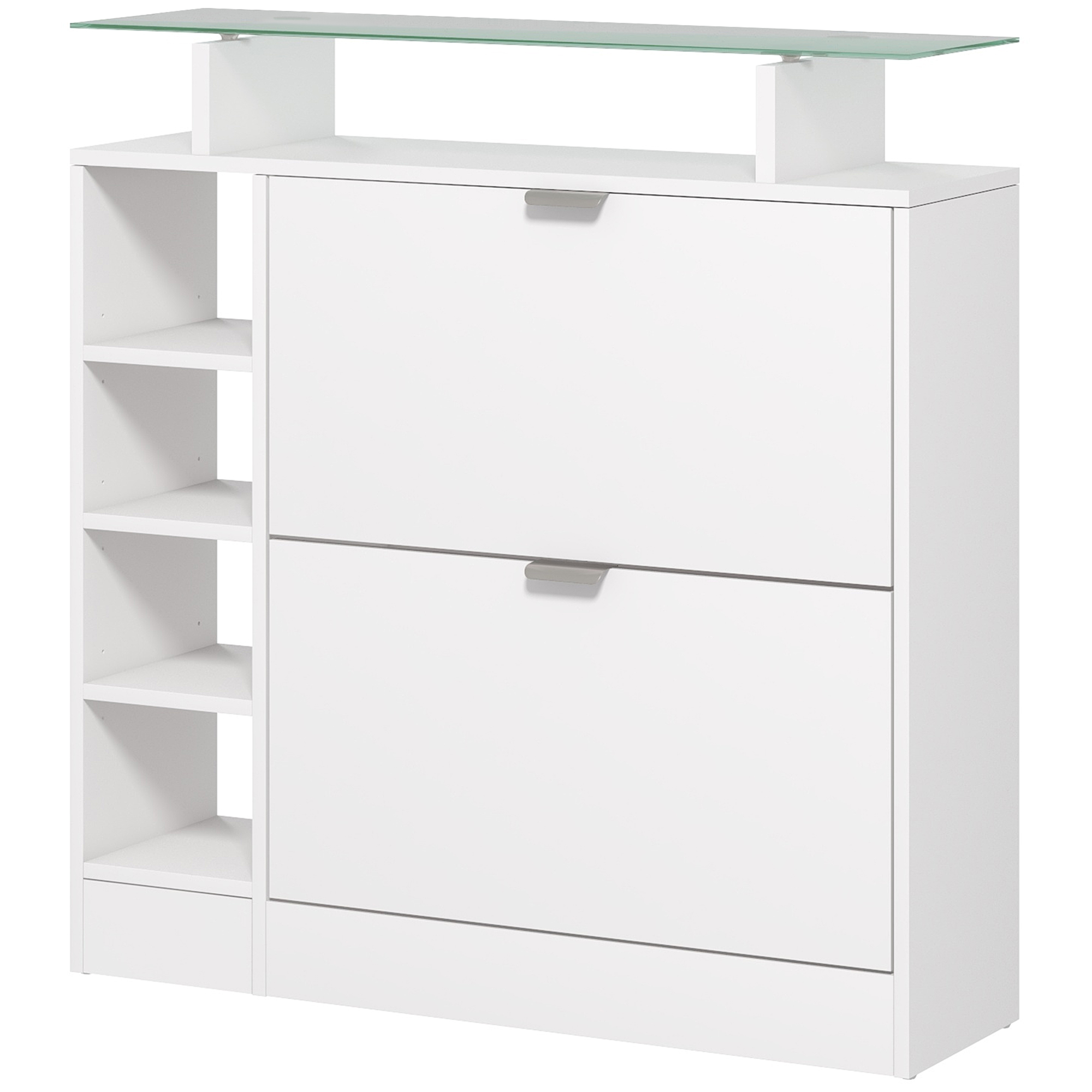 Schuhschrank Mit 2 Klappschubladen Für 12 Paar Schuhe, Glasplatte, Verstellbare Einlegeböden, 89 X 25 X 92 Cm, Weiß