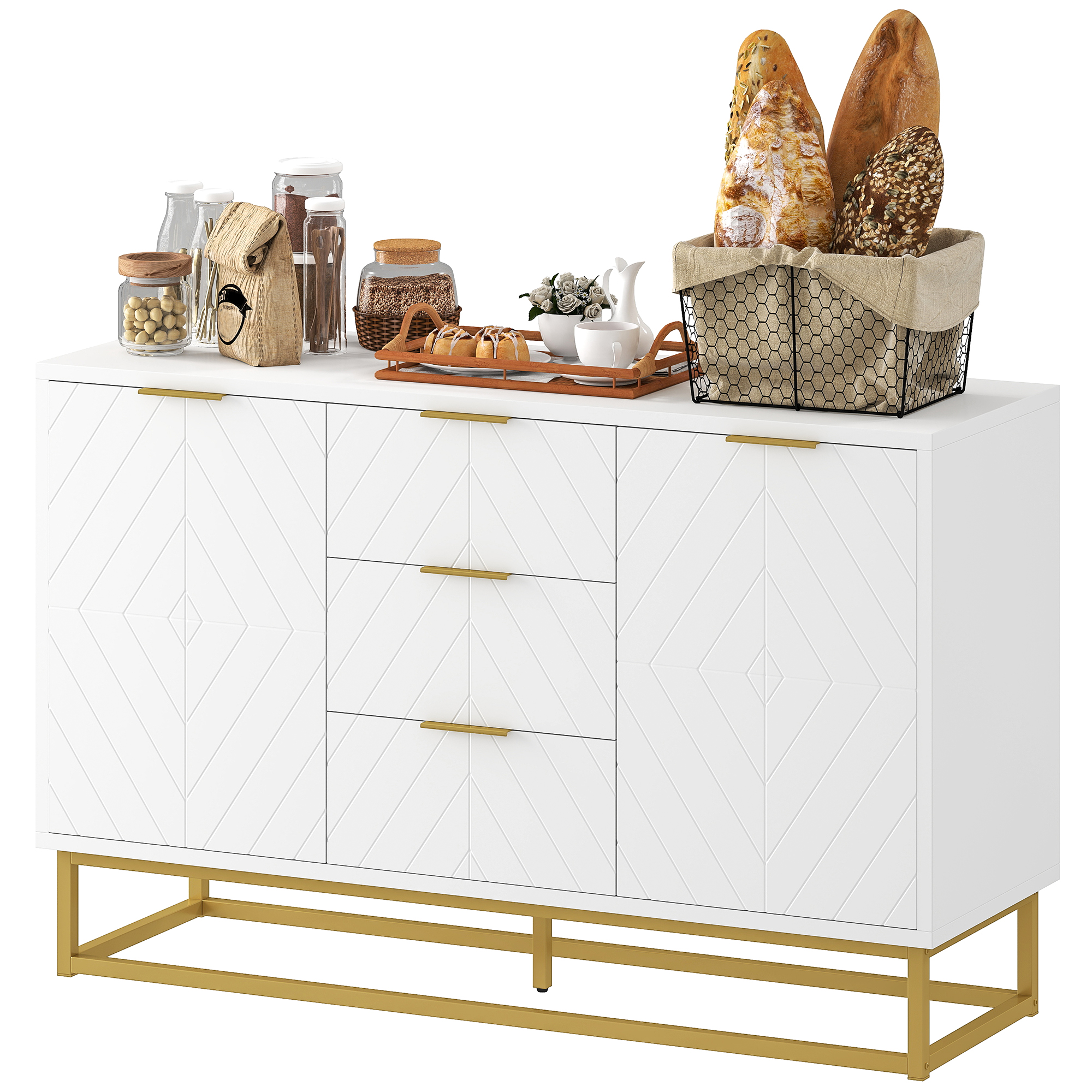 Homcom Sideboard, Küchenschrank, Modernes Grafikdesign, 2 Schranktüren, Verstellbare Einlegeböden, 3 Schubladen, Weißes Holz Und Goldfarbenes Metall, 120 X 40 X 76 Cm