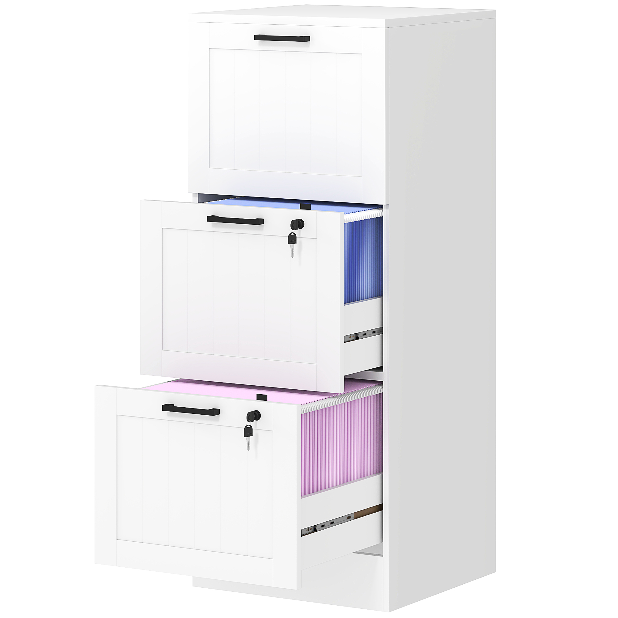 Weißes Büromöbel-set (40 X 40 X 101 Cm), Holzkommode Mit 3 Abschließbaren Schubladen, Kleiderschrank Mit Verstellbaren Kleiderstangen