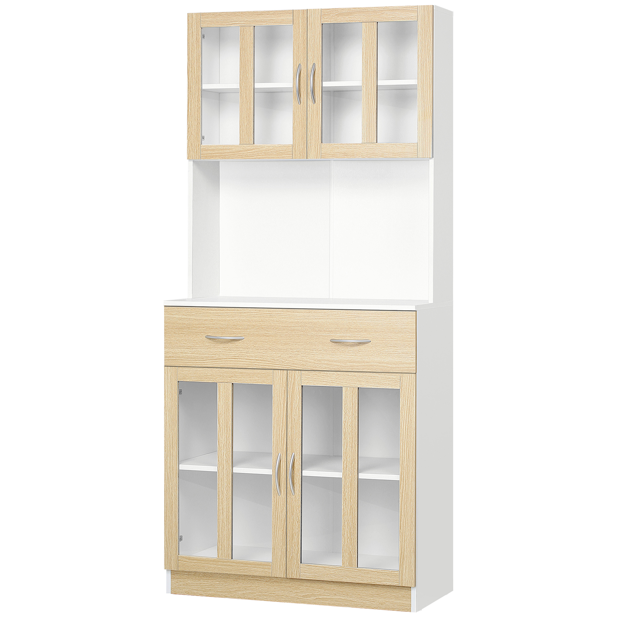 Homcom Hochschrank Für Die Küche, Mehrzweckschrank Mit 4 Türen, Glasvitrine, Schublade, Weiße Holzplatte Mit Heller Eichenoberfläche