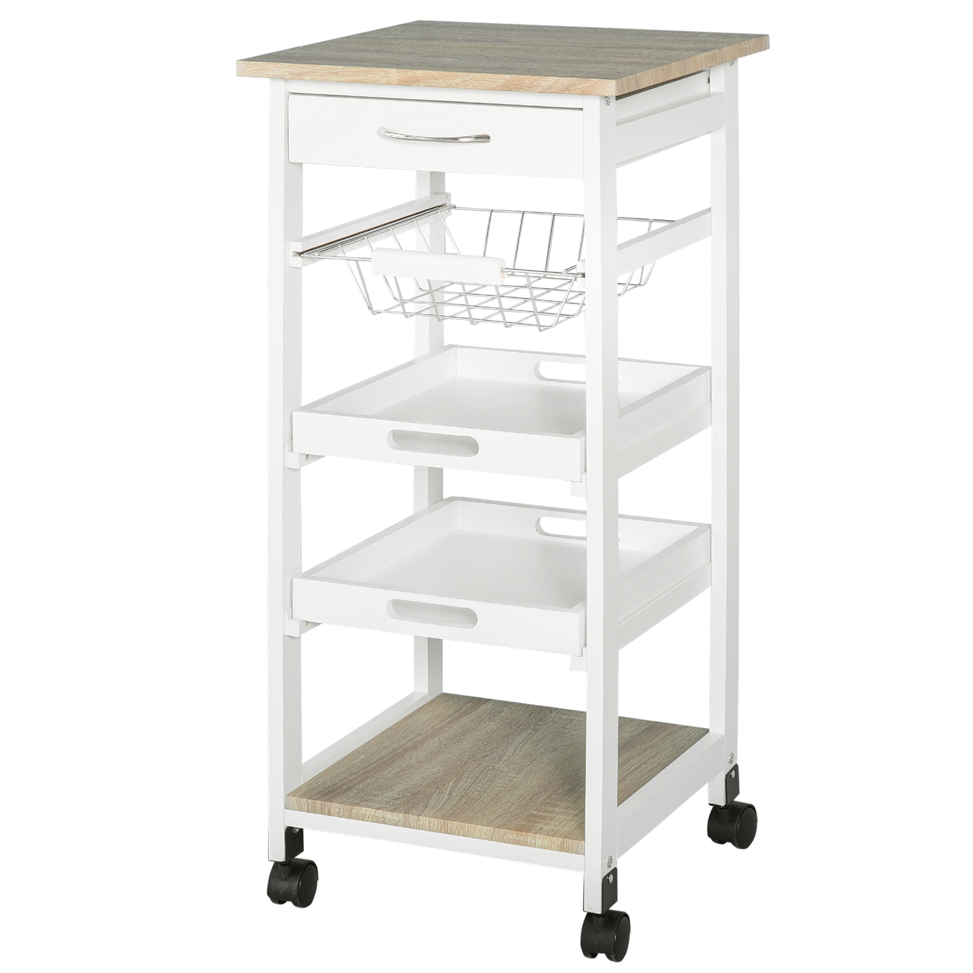 Homcom Küchenwagen Mit Korb, 2 Herausnehmbaren Tabletts, Schublade Und Ablage In Heller Eiche Und Weißer Kiefer (mdf)