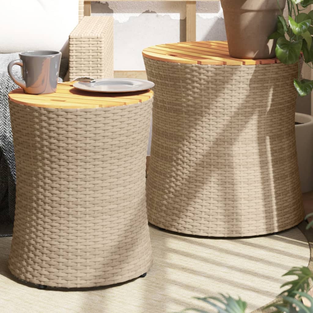 Garten-beistelltische 2 Stk. Mit Holzplatte Beige Poly Rattan