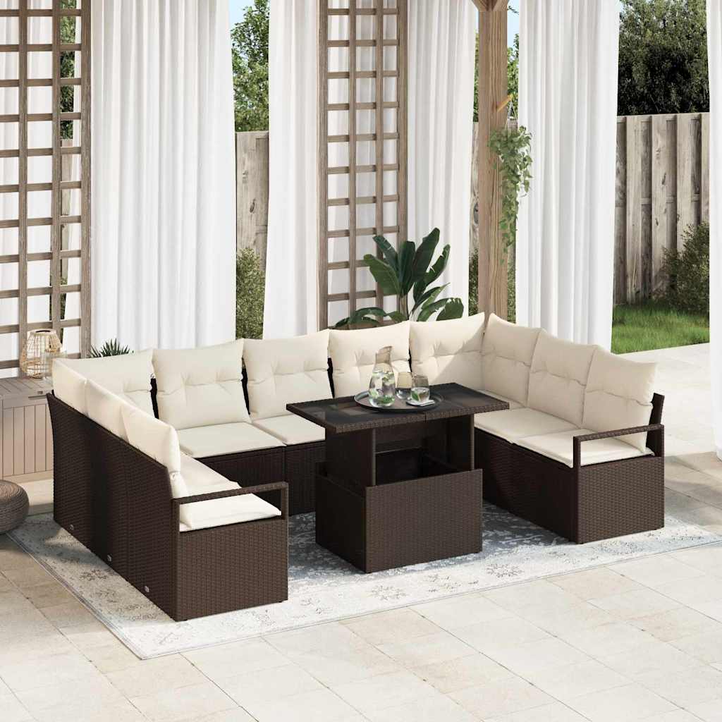 Garten-sofa-set Mit Kissen 10 Pcs Braun Und Creme Poly-rattan