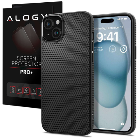 Iphone 15 Plus Spigen Liquid Air Hülle, Mattschwarz + Schutzhülle Aus Glas