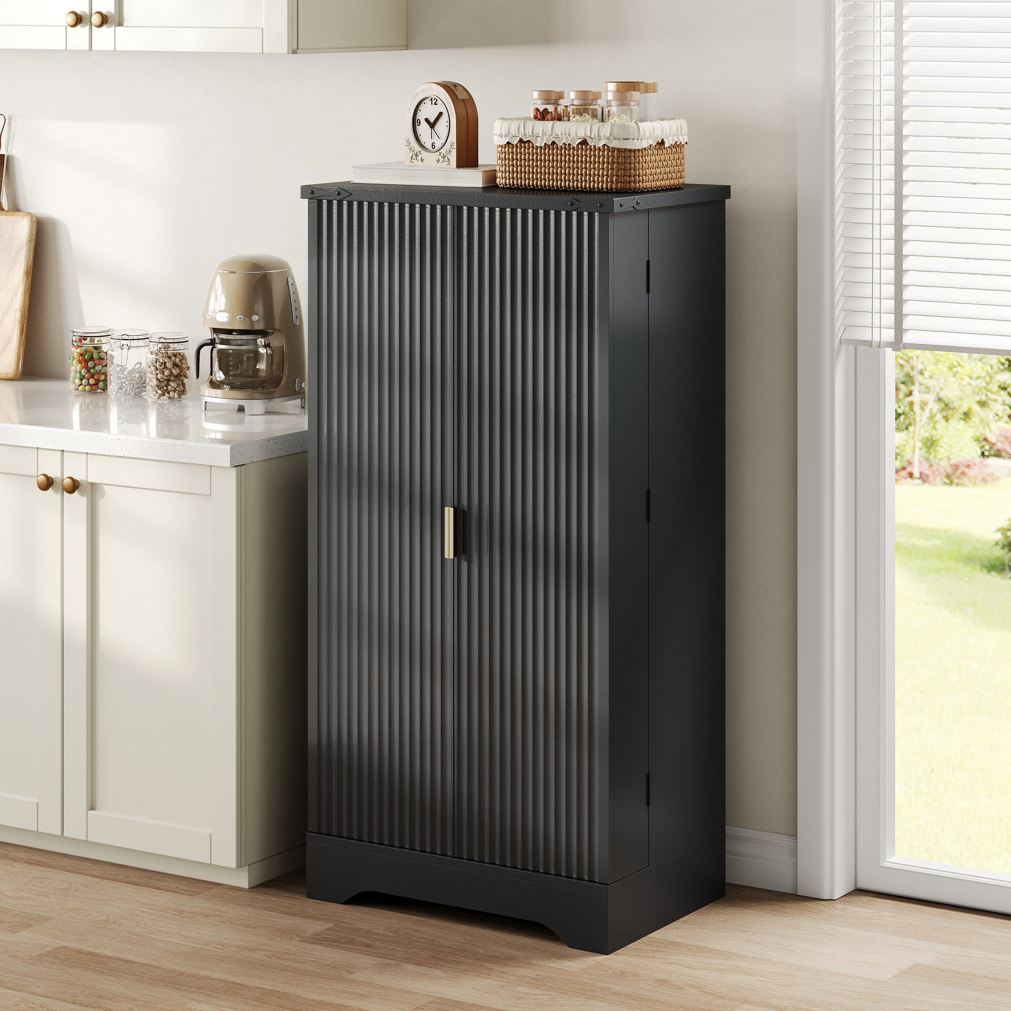 Küchenschrank Mit Led-sensorleuchte Und Gewürzregal, Großvolumiger Schrank Mit Doppeltür, Ausgestattet Mit Verstellbaren Einlegeböden Und Modernem Türdesign – Schwarz, 120 × 60,5 × 40 Cm