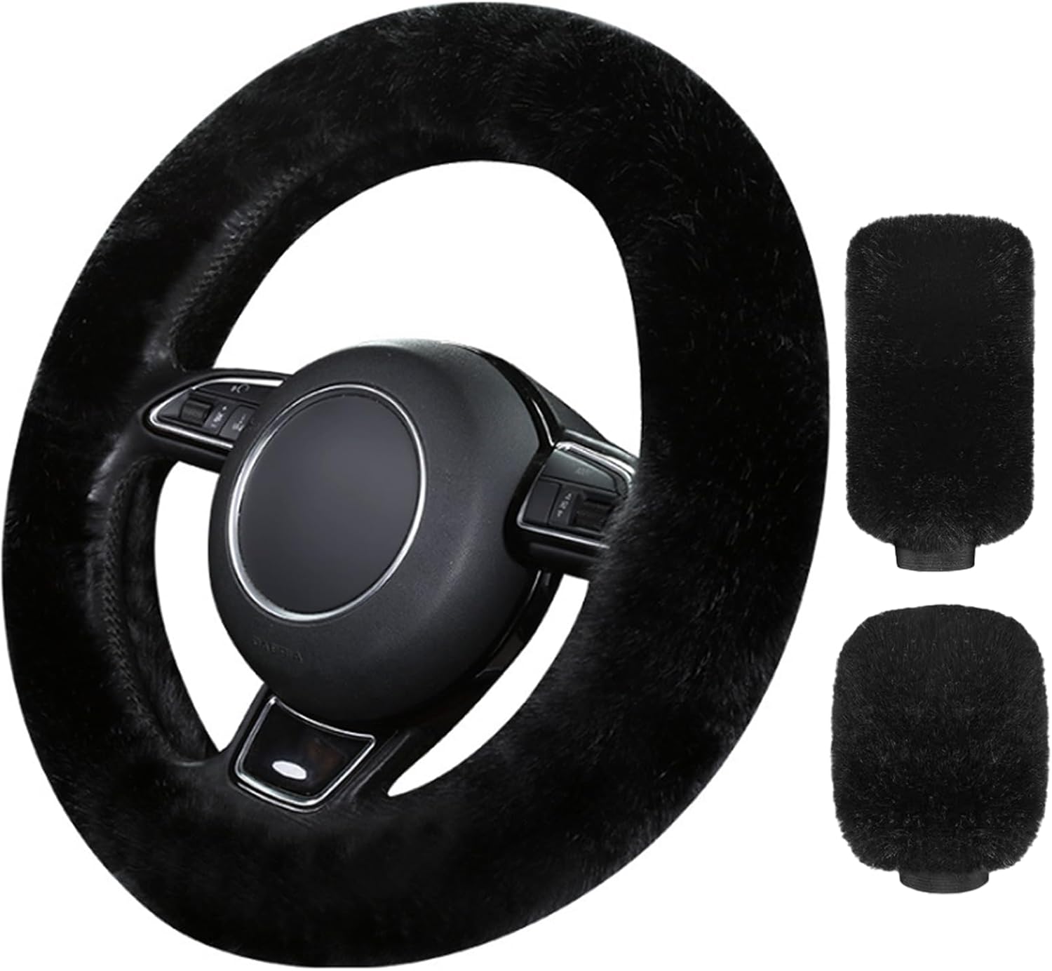 3-in-1-lenkradbezug, Handbremshebelbezug, Schalthebelbezug, Universalgröße 38 Cm Für Die Meisten Autos, Warmer Plüsch-winterbezug, Rutschfest, Schwarz