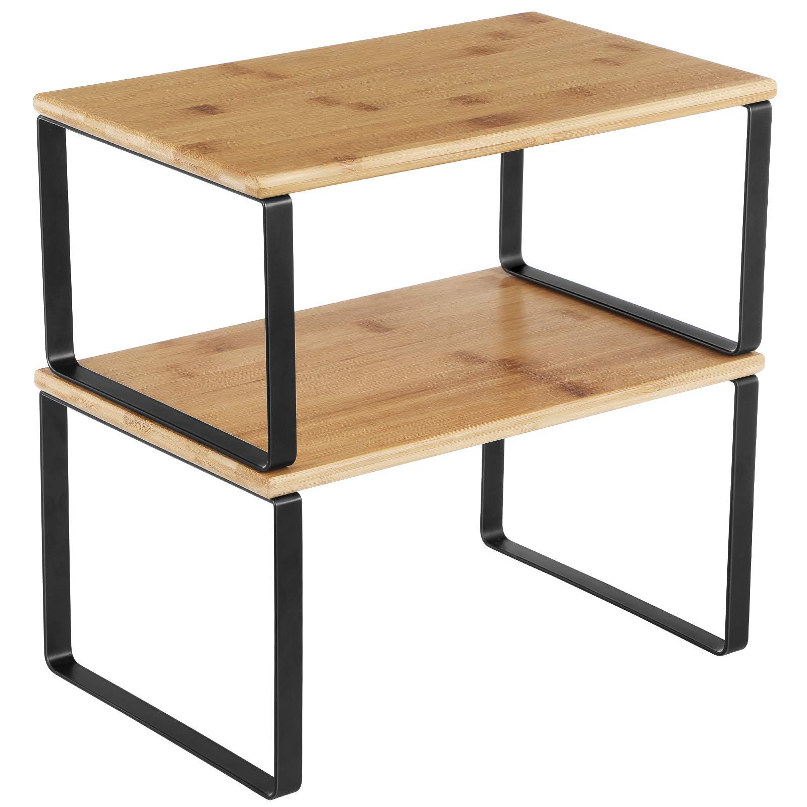 Gewürzregal, 2er-set, Schrankorganizer, Ausziehbares Küchenregal, Stapelbares Gewürzregal, Metall, Holzwerkstoff, Tiefschwarz Und Naturbeige