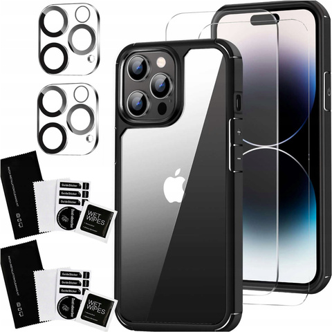 Schutzhülle Für Iphone 15 Pro Max + 2x Displayschutzglas Und 2x Schutzlinsen, Alogy 360 Hybrid-set 5-in-1, Schwarz Und Transparent
