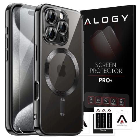 Magsafe Hülle Für Apple Iphone 16 Pro, Alogy Glamour Luxus-ringhülle, Schwarz Und Transparent + Gehärtetes Glas