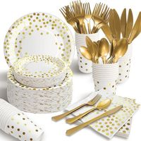175-teiliges Einweg-partygeschirr Mit Gold-weißen Punkten, Komplettes Service Für Geburtstage, Hochzeiten Und Weihnachten Für 25 Personen