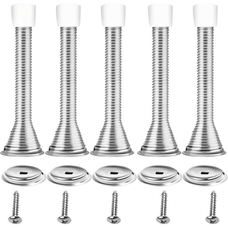 Wandmontierte, Federbelastete Türstopper – 5er-set, Edelstahl Und Gummi, Silberverchromt, Universell