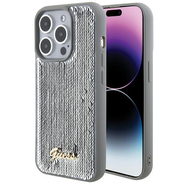 Hülle Für Iphone 15 Pro Max, Guess Pailletten-schriftzug, Metall-silber