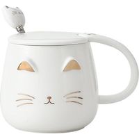 1 Katzenbecher, Keramik, Weiß Und Gold, 450 Ml, Mit Deckel Und Löffel, Für Tee Und Kaffee, Geschenkidee