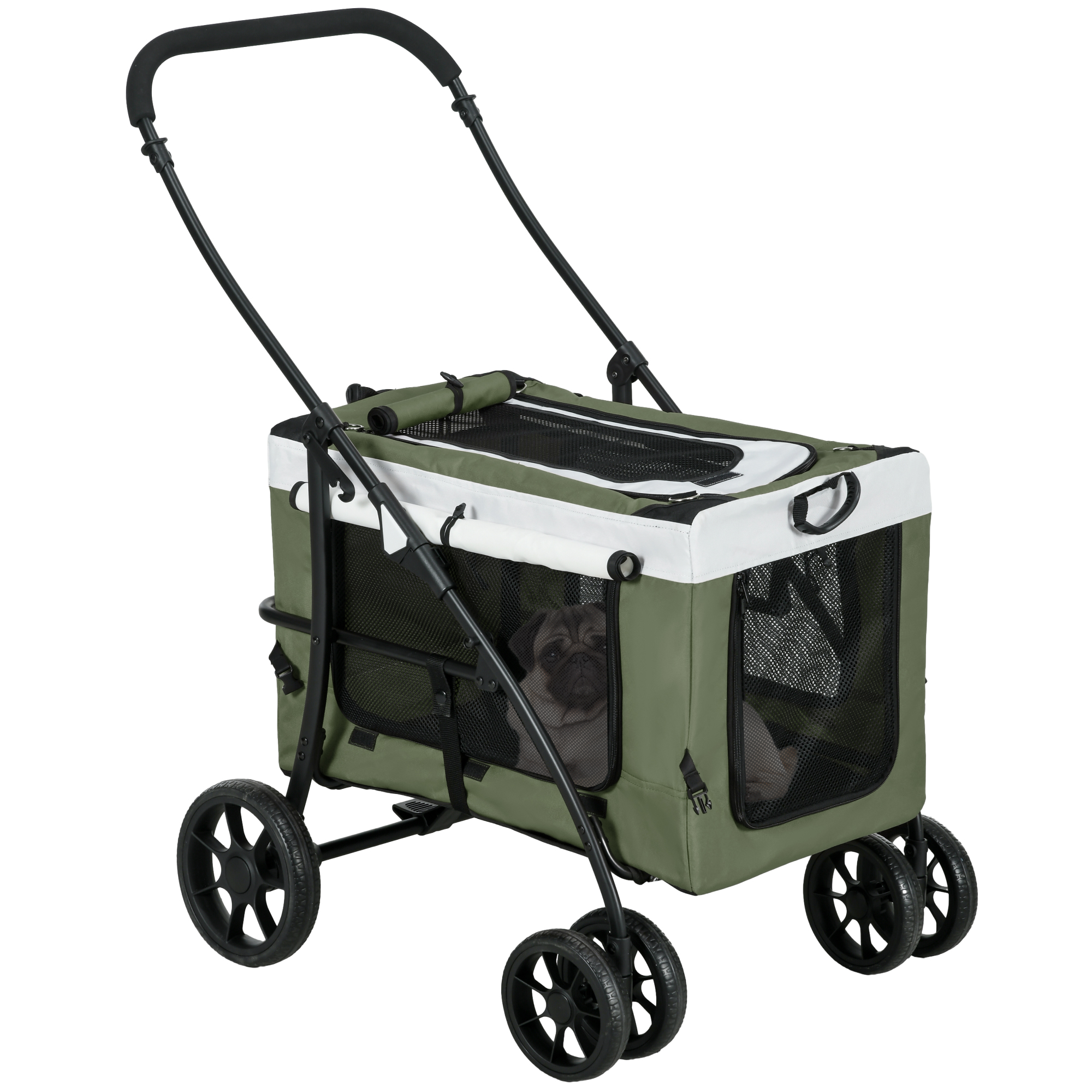 Hundbuggy Haustierbuggy Hundewagen, Klappbar, Abnehmbarer Korb, 81 X 58 X 97,5 Cm, Schwarz+dunkelgrün+weiß