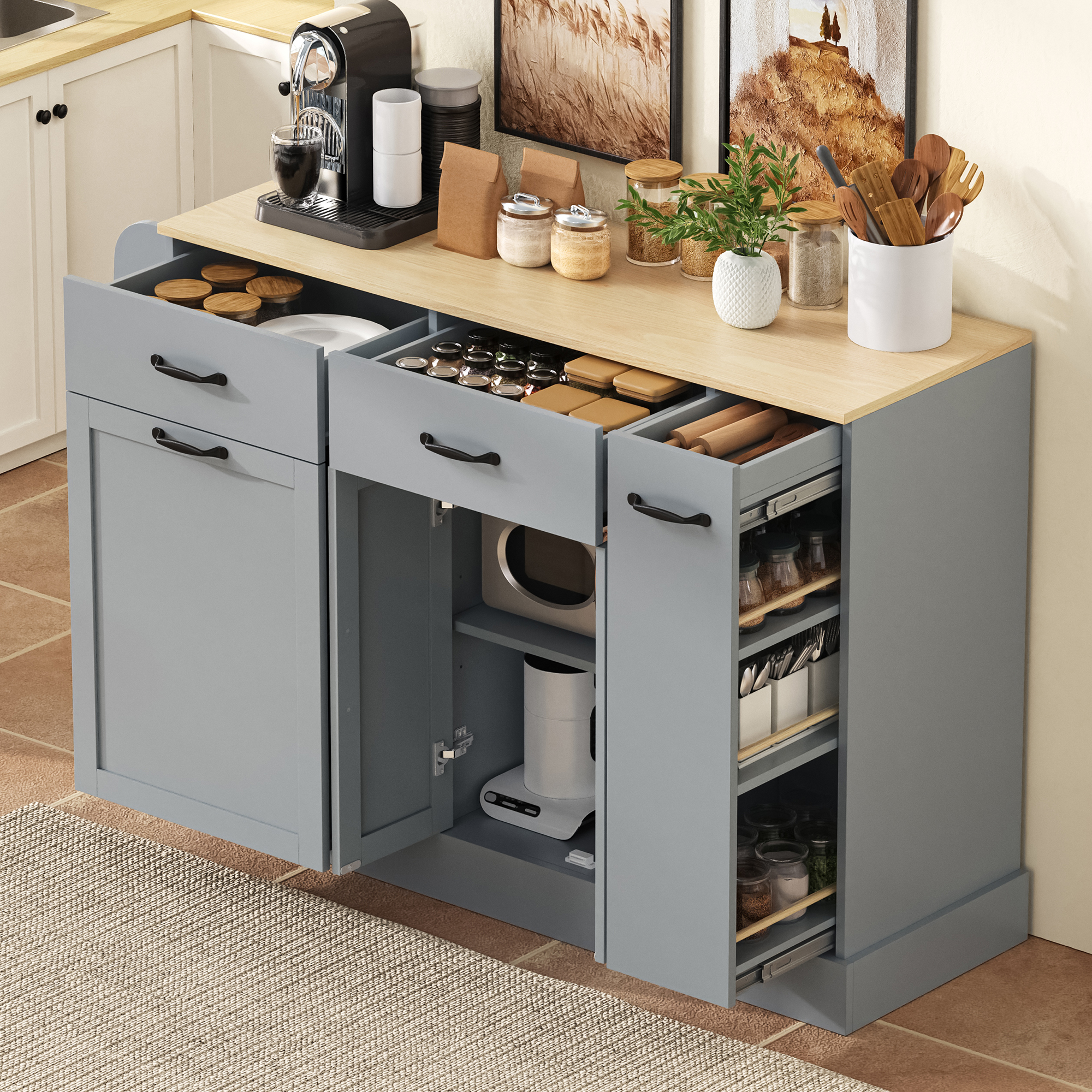 Moderner Seitenschrank Mit Schubladen In Verschiedenen Größen Essschrank Mit Abfalleinwurf Und Externem Gewürzregal, Geeignet Für Esszimmer, Wohnzimmer Und Küche (grau).