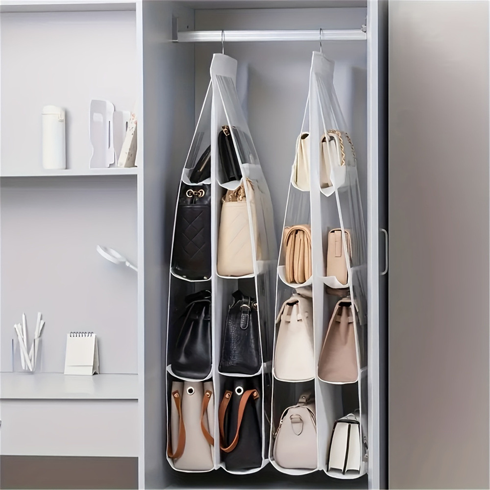 Set Mit 2 Hängenden Handtaschen-organizern Mit 8 Fächern, Transparente Aufbewahrungstasche Zum Aufhängen, Organizer-tasche, Platzsparender Organizer Für Kleiderschrank/garderobe (weiß)