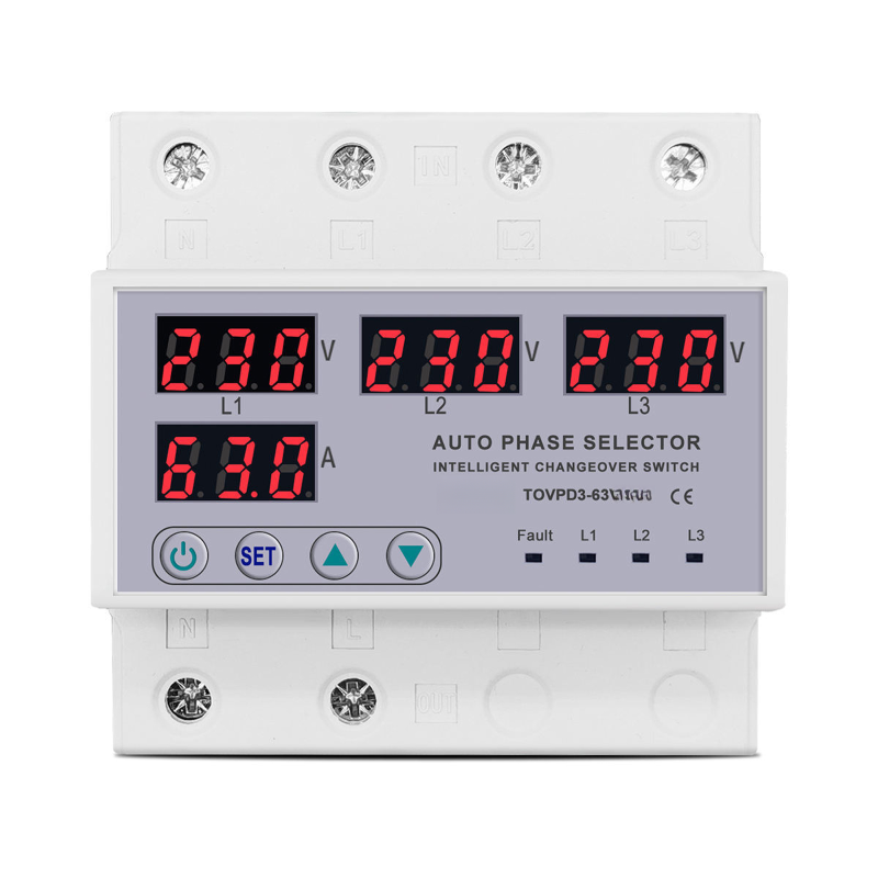 63 A Dreiphasen-phasenwählerrelais Für Din-schienenmontage, Über- Und Unterspannungsschutz (3p+n), Einstellbar, 50/60 Hz, 140–300 V Ac