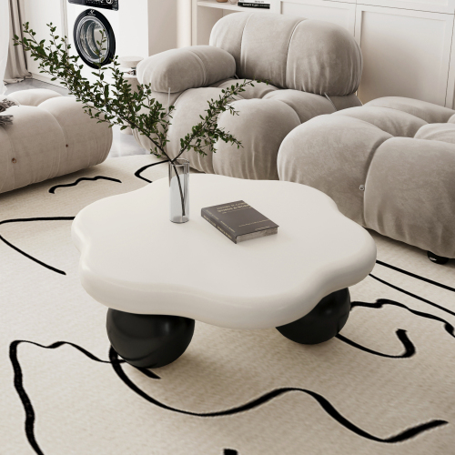 Moderne Blütenblatt-förmige Couchtisch, 80 Cm, Minimalistisches Und Kinder- Sowie Tierfreundliches Design, Weißes Tablett Und Schwarze Kugelförmige Beine